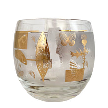 Load image into Gallery viewer, Set of four vintage Fred Press Golden Meadow 13oz roly poly glasses featuring 22kt gold butterflies and botanicals on a frosted band. Crafted by Federal Glass, USA, 1950s/60s. Add these iconic glasses to your barware collection!

In excellent condition, no chips, age-related wear to the gold.

Measures 3 1/4 x 3 1/8 inches

Capacity 13 ounces
