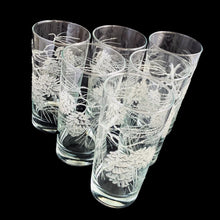 Load image into Gallery viewer, Set of six vintage highball cocktail glasses decorated with raised enamel frosted pinecones that give off a lovely sparkle. Crafted by Libbey St. Clair, USA, 1960s. These glasses are sure to add a festive flare to your Christmas and winter time cocktails!

In excellent condition, no chips.

Measures 2 3/4 x 5 3/8 inches

Capacity 12 ounces
