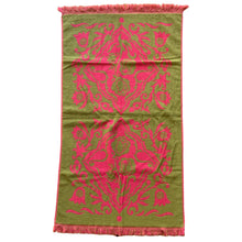 Load image into Gallery viewer, Jacks Daughter of All Trades Vintage Antique Mid-Century Kitsch Store Shop Reseller Etsy Shopify Toronto Canada Free Porch Pick Up Local Delivery Worldwide Shipping Judy Weinberg Unique Housewarming Gift Sustainable Gift Wedding Gift Home Decor Collectible Collector Gift Farmhouse Cottagecore Cottage Lodge Shabby Chic mod boho bohemian fuchsia and green floral reversible velvet cotton terrycloth bath towel fringed edge 1960s 1970s

