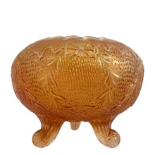 Load image into Gallery viewer, Lovely antique Garland and Bows marigold carnival glass rose bowl featuring an iridescent stipple finish, inward scalloped rim and three scroll feet. Crafted by Fenton Art Glass, 1920s. The bowl shimmers beautifully in the light and is suited to any decor style and has enough vintage sparkle to catch anyone&#39;s eye!

In excellent condition, no chips.

Measures 4 3/4 x 3 3/4 inches
