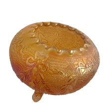 Load image into Gallery viewer, Lovely antique Garland and Bows marigold carnival glass rose bowl featuring an iridescent stipple finish, inward scalloped rim and three scroll feet. Crafted by Fenton Art Glass, 1920s. The bowl shimmers beautifully in the light and is suited to any decor style and has enough vintage sparkle to catch anyone&#39;s eye!

In excellent condition, no chips.

Measures 4 3/4 x 3 3/4 inches
