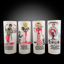 Load image into Gallery viewer, This exceptional set features eight rare vintage Gay Nineties frosted Tom Collins tumblers, each hand-painted with whimsical figural illustrations and a Here&#39;s to... toast in vibrant raspberry pink, black, yellow, and green. Presented in the original rolled-handle steel caddy, these glasses were crafted by Gay Fad Studios on Federal Glass blanks in the USA, 1951. A true treasure for collectors and connoisseurs of classic American barware, this set embodies mid-century charm and artistry.
