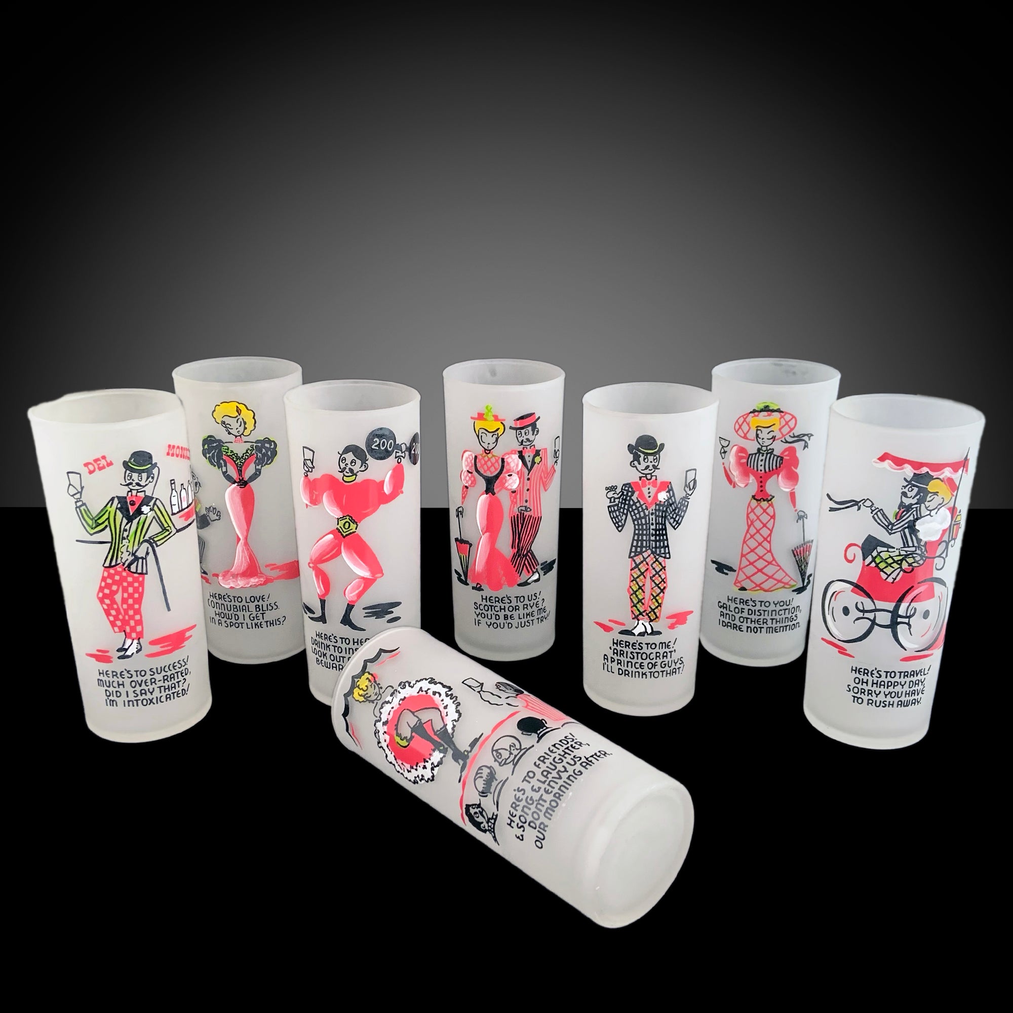 Gay Fad Studios Gay Nineties Glasses | 1951 Hand-Painted Set of 8  display picture 1