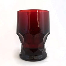 Load image into Gallery viewer, Gorgeous vintage &quot;Georgian Ruby&quot; red 9 ounce flat glass tumbler. Produced by the Anchor Hocking Glass Company, USA, circa 1960s. These honeycomb patterned, gorgeous deep red glasses will dress up any occasion! Perfect for a Valentine or Christmas gift giving!

