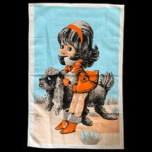 Load image into Gallery viewer, Pretty vintage kitschy white cotton tea towel featuring a girl dressed in red dress petting her shaggy black and gray dog against a bright blue sky.

In excellent condition, free from stains/tears.

Measures 18 x 27 inches
