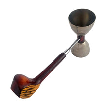 Load image into Gallery viewer, Three-quarter angle of vintage Glo-Hill Barmates double jigger, stainless steel with amber bakelite golf club handle
