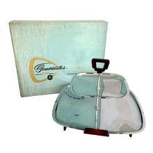 Load image into Gallery viewer, Glo-Hill Gourmates chrome 2-tier tidbit tray with amber Bakelite handle and feet, shown with original light blue box, Canada, 1960s NOS
