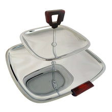 Load image into Gallery viewer, Glo-Hill Gourmates chrome tidbit tray, rear view showing the two-tier chrome construction, central post assembly, and amber Bakelite side feet and top handle

