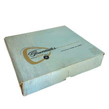Load image into Gallery viewer, Original light blue Gourmates by Glo-Hill Canada box, three-quarter view showing the gold script logo, Distinctive Chrome Holloware text, and gh medallion, age-appropriate wear
