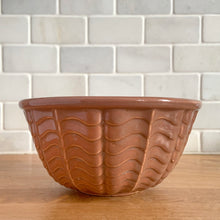 Load image into Gallery viewer, Vintage glossy cinnamon brown ceramic bowl with an exterior pattern of horizontal waves. Crafted by Robinson Ransbottom Pottery Co., USA, 1960s. A beautiful piece to add to your art pottery collection!

In excellent condition, no chips/cracks/repairs. Maker&#39;s marks.

Measures 6 3/8 x 3 1/4 inches
