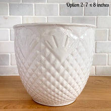 Load image into Gallery viewer, Vintage mid-century gloss white ceramic jardiniere planter featuring a pineapple pattern. Crafted by Robinson Ransbottom Pottery Co., USA, 1940s. A beautiful piece to add to your art pottery collection!

In excellent condition, no chips/cracks/repairs. Typical manufacturing glaze pops. Maker&#39;s mark.

Option 2: 7 x 8 inches
