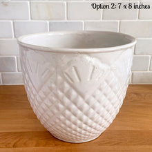 Load image into Gallery viewer, Vintage mid-century gloss white ceramic jardiniere planter featuring a pineapple pattern. Crafted by Robinson Ransbottom Pottery Co., USA, 1940s. A beautiful piece to add to your art pottery collection!

In excellent condition, no chips/cracks/repairs. Typical manufacturing glaze pops. Maker&#39;s mark.

Option 2: 7 x 8 inches

