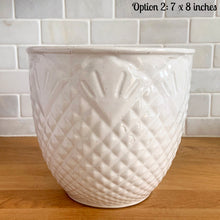 Load image into Gallery viewer, Vintage mid-century gloss white ceramic jardiniere planter featuring a pineapple pattern. Crafted by Robinson Ransbottom Pottery Co., USA, 1940s. A beautiful piece to add to your art pottery collection!

In excellent condition, no chips/cracks/repairs. Typical manufacturing glaze pops. Maker&#39;s mark.

Option 2: 7 x 8 inches
