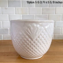 Load image into Gallery viewer, Vintage mid-century gloss white ceramic jardiniere planter featuring a pineapple pattern. Crafted by Robinson Ransbottom Pottery Co., USA, 1940s. A beautiful piece to add to your art pottery collection!

In excellent condition, no chips/cracks/repairs. Typical manufacturing glaze pops. Maker&#39;s mark.

Option 1: 6 3/4 x 5 5/8 inches
