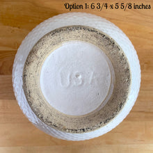 Load image into Gallery viewer, Vintage mid-century gloss white ceramic jardiniere planter featuring a pineapple pattern. Crafted by Robinson Ransbottom Pottery Co., USA, 1940s. A beautiful piece to add to your art pottery collection!

In excellent condition, no chips/cracks/repairs. Typical manufacturing glaze pops. Maker&#39;s mark.

Option 1: 6 3/4 x 5 5/8 inches

