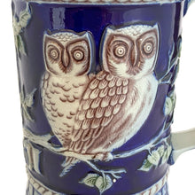 Load image into Gallery viewer, Close-up of the cobalt blue body featuring two raised owls perched on branches
