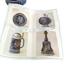 Load image into Gallery viewer, Original Goebel Bavarian Forest Series collector's pamphlet showing the full 1980 stoneware set: stein, plate, decanter, and bell
