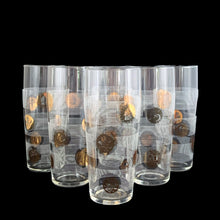 Load image into Gallery viewer, Vintage set of six clear glass tumblers featuring European gold coins superimposed on horizontal bands of white stripes. Circa 1960s. These unique glasses will make a great addition to your barware collection!  In excellent condition, no chips.  Measures 2 1/2 x 5 3/4 inches  Capacity 11 ounces
