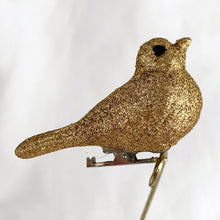 Load image into Gallery viewer, Vintage figural bird clip-on Christmas tree ornament decorated gold glitter.

In vintage condition.

Measures 3 inches
