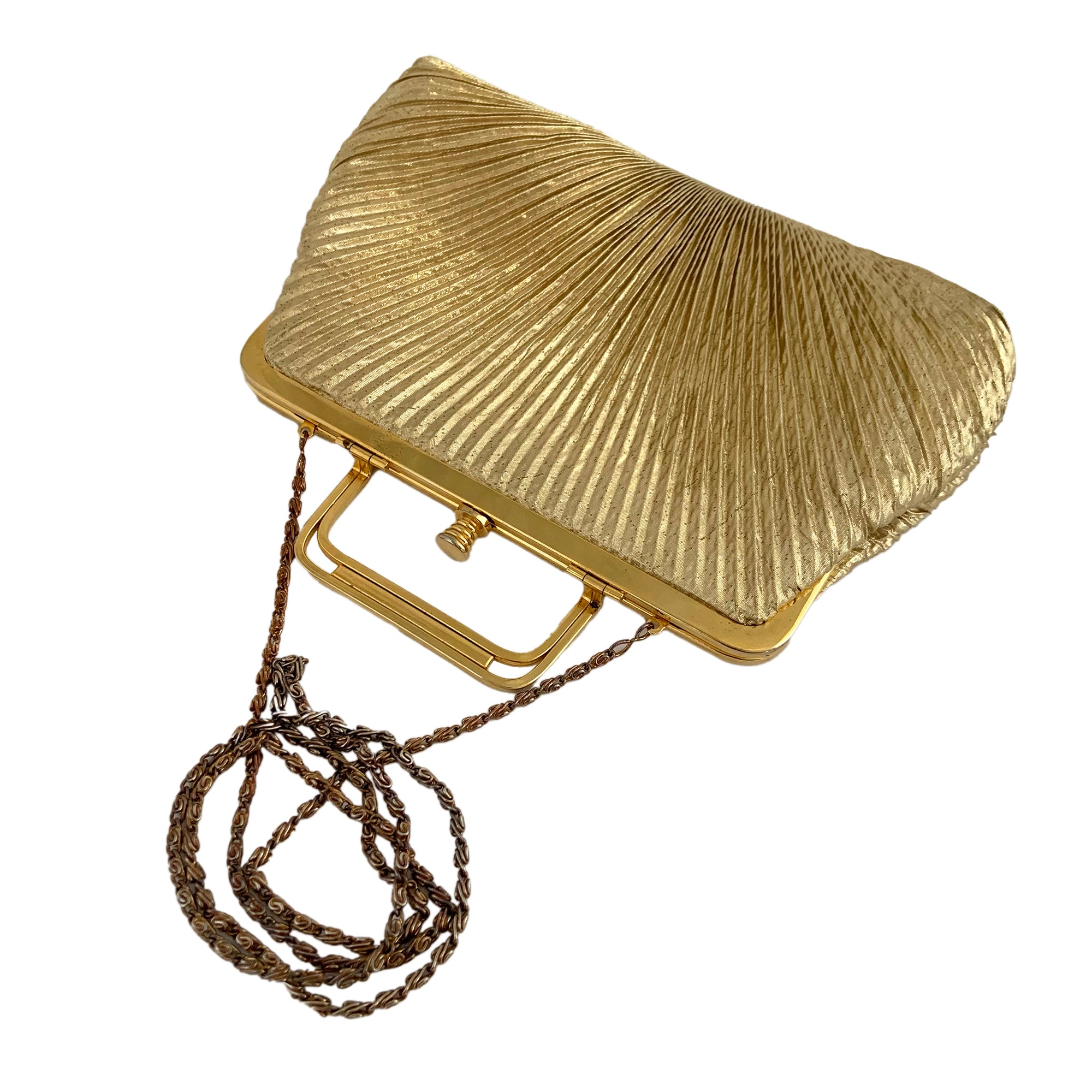 Vintage Gold Lame Pleated Evening Bag Chain Handle Hong Kong