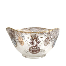 Load image into Gallery viewer, Vintage pressed glass triangular shaped bowl featuring gold and white medallions, gold sponge design and rim. Crafted by Indiana Glass, USA. A great addition to your mid-century tableware!  In good vintage condition, no chips, minor wear.  Measures 5 x 2 1/2 inches
