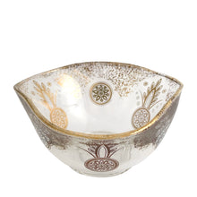 Load image into Gallery viewer, Vintage pressed glass triangular shaped bowl featuring gold and white medallions, gold sponge design and rim. Crafted by Indiana Glass, USA. A great addition to your mid-century tableware!  In good vintage condition, no chips, minor wear.  Measures 5 x 2 1/2 inches
