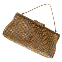 Load image into Gallery viewer, Stunning vintage silver and gold mesh evening bag with a geometric pattern, ornate patterned silver toned clasp, rope chain strap and pale gray lining with open pocket. Crafted by Elga, USA.

In good vintage condition, inside and out with wear to the mesh.

Measures 10 x 5 1/4 inches and with the strap 9 3/4 inches.
