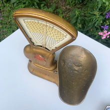 Load image into Gallery viewer, Antique gold toned 3lb cast iron weigh scale, model 405AR with brass bowl. This type of scale was typically used to weigh candy in a general store. Crafted by the Canadian Toledo Scale Co. Canada, early 20th century. Note the product plate showing the date it was patented as July 22, 1919 with patents pending.
