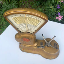 Load image into Gallery viewer, Antique gold toned 3lb cast iron weigh scale, model 405AR with brass bowl. This type of scale was typically used to weigh candy in a general store. Crafted by the Canadian Toledo Scale Co. Canada, early 20th century. Note the product plate showing the date it was patented as July 22, 1919 with patents pending.
