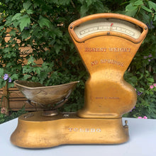 Load image into Gallery viewer, Antique gold toned 3lb cast iron weigh scale, model 405AR with brass bowl. This type of scale was typically used to weigh candy in a general store. Crafted by the Canadian Toledo Scale Co. Canada, early 20th century. Note the product plate showing the date it was patented as July 22, 1919 with patents pending.
