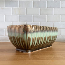 Load image into Gallery viewer, Stunning rectangular ceramic pottery planter with a striking vertical leaf motif finished with a coppery gold and turquoise and brown drip glaze with deep brown interior. Crafted by Lefton, Japan, circa 1950s.  In excellent condition, free from chips/cracks/repairs. Marked &quot;ESD JAPAN, HAND PAINTED. JA7129&quot;.  Measures 9 x 4 1/2 x 4 1/2 inches
