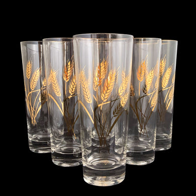 Set of six, vintage mid-century clear cocktail glasses featuring a group of golden wheat stems. Perfect for cocktails or a casual beer. Measures 2 3/4 x 6 3/4 14 ounces