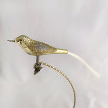 Load image into Gallery viewer, Stunning vintage gold and silver glitter glass bird clip-on Christmas tree ornament. Perfect for the tree or dress up your holiday decor.

In excellent condition.

Measures 7 1/2 inches
