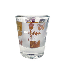 Load image into Gallery viewer, This vibrant vintage mid-century clear shot glass features a delightful pattern of 22kt gold butterflies, thistles and botanicals on a frosted band. Designed by Fred Press, USA, circa 1960s. A stunning addition to your luxury barware collection!

In excellent condition, no chips. Minor wear commensurate with age.

Measures 8 1/2 inches tall
