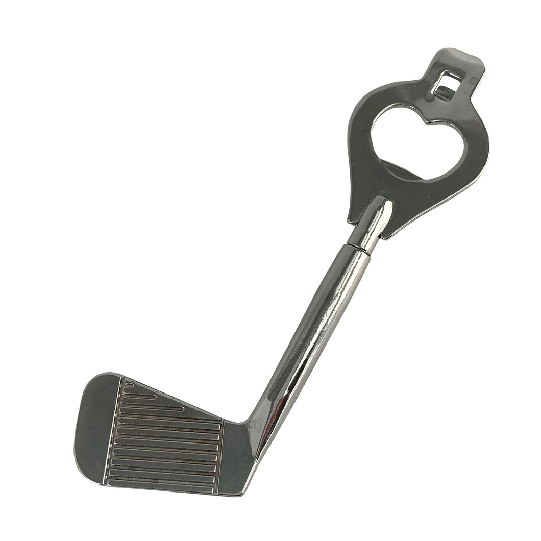 Vintage golf club metal bottle and can opener. Crafted in Taiwan, 1970s. A great addition to any sports-themed barware collection!

In as found vintage condition.

Measures 6 1/2 inches