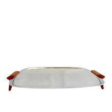 Load image into Gallery viewer, Straight out of the atomic age, this vintage &quot;Gourmates&quot; chrome serving tray features ochre Bakelite handles/legs. Crafted by Glo-Hill, Canada, circa 1960s. Delivers loads of mid-century modern style to entertaining! In great vintage condition with surface wear, but still super shiny. Measures 11 1/8 x 12 1/4 inches (incl. handles)
