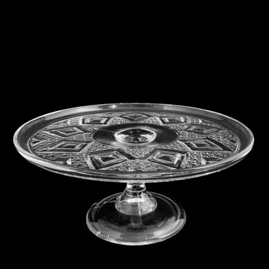 Antique vintage Grand clear pressed glass pedestal cake stand featuring a geometric diamond pattern. Crafted by Bryce Glass Co., circa 1885. Perfect for serving cakes, cupcakes or your favourite dessert! A lovely serving piece for any occasion, or as part of a wedding dessert buffet.

Excellent condition, no chips or cracks, typical manufacturing bubbles and rough mold release at the base.

Measures 8 7/8 x 4 inches