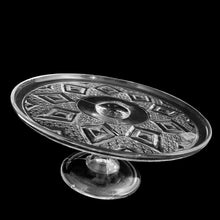 Load image into Gallery viewer, Antique vintage Grand clear pressed glass pedestal cake stand featuring a geometric diamond pattern. Crafted by Bryce Glass Co., circa 1885. Perfect for serving cakes, cupcakes or your favourite dessert! A lovely serving piece for any occasion, or as part of a wedding dessert buffet.

Excellent condition, no chips or cracks, typical manufacturing bubbles and rough mold release at the base.

Measures 8 7/8 x 4 inches
