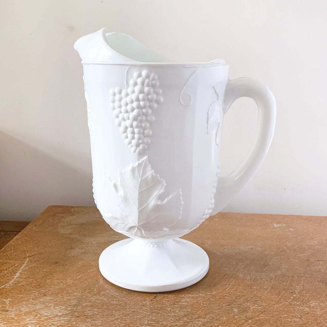 Vintage Milk Glass Milkglass Harvest Grapevine Grape Vine 72 Oz Ounce Ice Lip Pitcher Jug Colony Indiana Glass Vase floral bouquet arrangement flower shabby chic flea market style farmhouse home decor wedding unique housewarming hostess gift Freelton Hamilton Antique Mall Toronto Canada shop store community seller reseller vendor