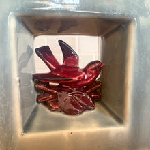 Load image into Gallery viewer, Vintage mid-century gray Arcature Line vase with central deep red bird. Crafted by McCoy Pottery, USA, early 1950s. This rare piece is must for any art pottery collector!

In excellent condition, no chips/cracks/repairs. Maker&#39;s mark.

Measures 6 1/4 x 2 7/8 x 6 1/2 inches
