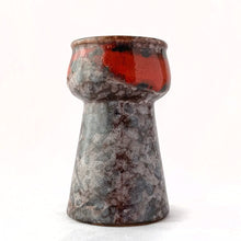 Load image into Gallery viewer, Vintage mid-century modern Fat Lava glaze vase in mottled gray and blue with red streaks  vase, shape 1248. Produced by Strehla Keramik, Germany, circa 1960s. The shape of this vase lends itself well for forcing flower bulbs or a beautiful bouquet.  In excellent condition, free from chips/cracks/repairs. Maker&#39;s mark on the bottom with the number 1248 denoting the shape.  Measures 2 5/8 x 4 1/2 inches.
