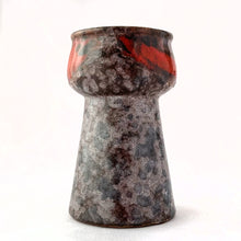 Load image into Gallery viewer, Vintage mid-century modern Fat Lava glaze vase in mottled gray and blue with red streaks  vase, shape 1248. Produced by Strehla Keramik, Germany, circa 1960s. The shape of this vase lends itself well for forcing flower bulbs or a beautiful bouquet.  In excellent condition, free from chips/cracks/repairs. Maker&#39;s mark on the bottom with the number 1248 denoting the shape.  Measures 2 5/8 x 4 1/2 inches.
