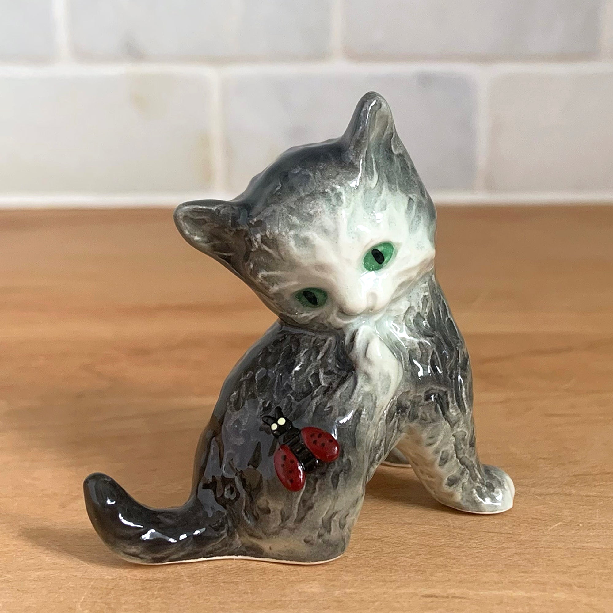 Vintage Gray Cat and Ladybug Porcelain Figurine, Goebel, West