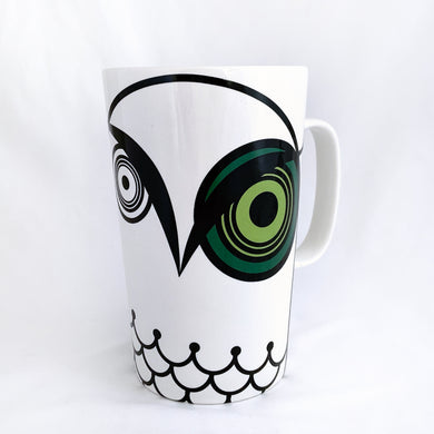 Cool illustrated graphic green-eye owl on a white ceramic mug. Crafted for Starbucks in Thailand, 2014. Perfect for any hot beverage!  In excellent condition, free from chips/cracks/wear.  Measures 3 3/8 x 5 1/2 inches  Capacity 16 ounces
