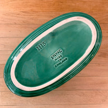 Load image into Gallery viewer, Jacks Daughter of All Trades Vintage Antique Mid-Century Kitsch Store Shop Reseller Etsy Shopify Toronto Canada Free Porch Pick Up Local Delivery Worldwide Shipping Judy Weinberg Unique Housewarming Gift Sustainable Gift Wedding Gift Home Decor Collectible Collector Gift Farmhouse Cottagecore Cottage Lodge Shabby Chic Industrial green glazed Bacchante oval planter jardiniere shape 115 embossed toga-clad figures grapevine Sylvac England 1930s 1940s indoor garden
