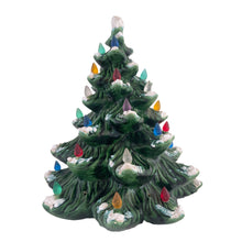 Load image into Gallery viewer, Vintage green ceramic Christmas tree with snowy tips and colourful plastic bulbs and star. Circa 1970s. A lovely way to add some nostalgia to your Christmas holiday home decor!  9 x 10 1/2 inches
