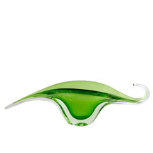 Load image into Gallery viewer, Vintage Murano sommerso art glass leaf console bowl in green and clear, side profile showing sculptural biomorphic form, Seguso Vetri d'Arte, 20 inches long
