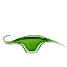 Load image into Gallery viewer, Vintage Murano sommerso art glass leaf console bowl in green and clear, side profile showing sculptural biomorphic form, Seguso Vetri d'Arte, 20 inches long
