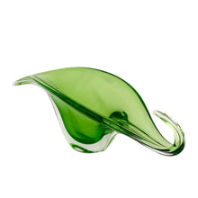 Load image into Gallery viewer, Close-up detail of curved stem tip on Murano sommerso leaf console bowl showing clear glass craftsmanship and organic form
