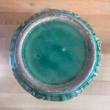Load image into Gallery viewer, Jacks Daughter of All Trades Vintage Antique Mid-Century Modern Store Shop Reseller Etsy Shopify Toronto Canada Free Porch Pick Up Local Delivery Worldwide Shipping Judy Weinberg Unique Housewarming Sustainable Home Decor Collectible Collector Gift Farmhouse Cottagecore Cottage Grannycore Shabby Chic Wedding Gift art deco gloss green ceramic yellow ware pitcher climbing roses trellis McCoy Pottery 1920s art pottery tableware vase
